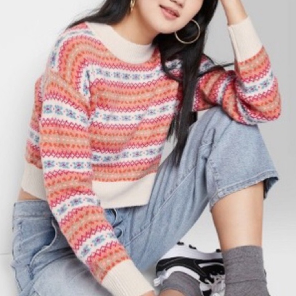 Fair Isle Cropped Knit Sweater in White, Pink, Coral, and Light Blue